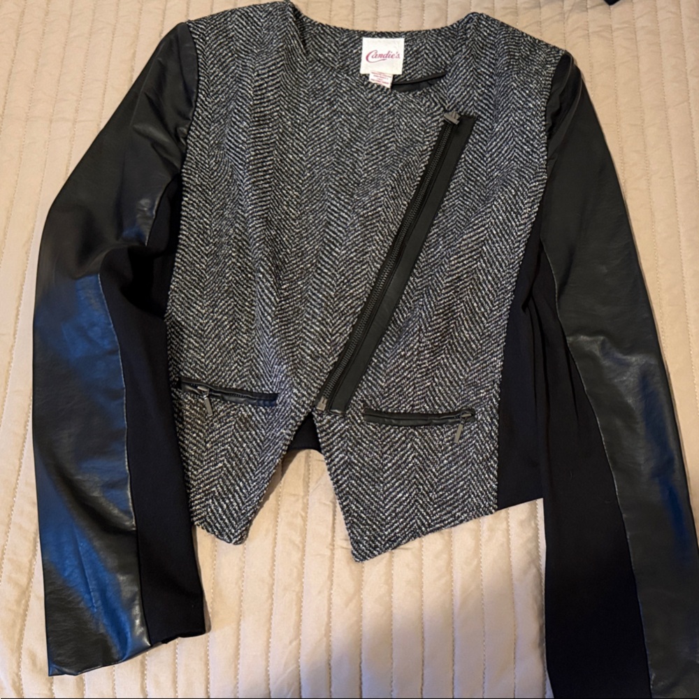 Candie's Black and Gray Herringbone Blazer with Leather Sleeves